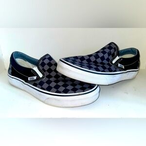 Unisex Vans slip black and gray checkered print. Woman’s 7, men’s 5.5